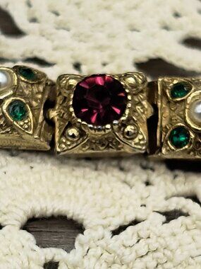 Arthur Pepper Vintage Solid Copper Bracelet • Ornate Links & Jewel‑Tone Stones